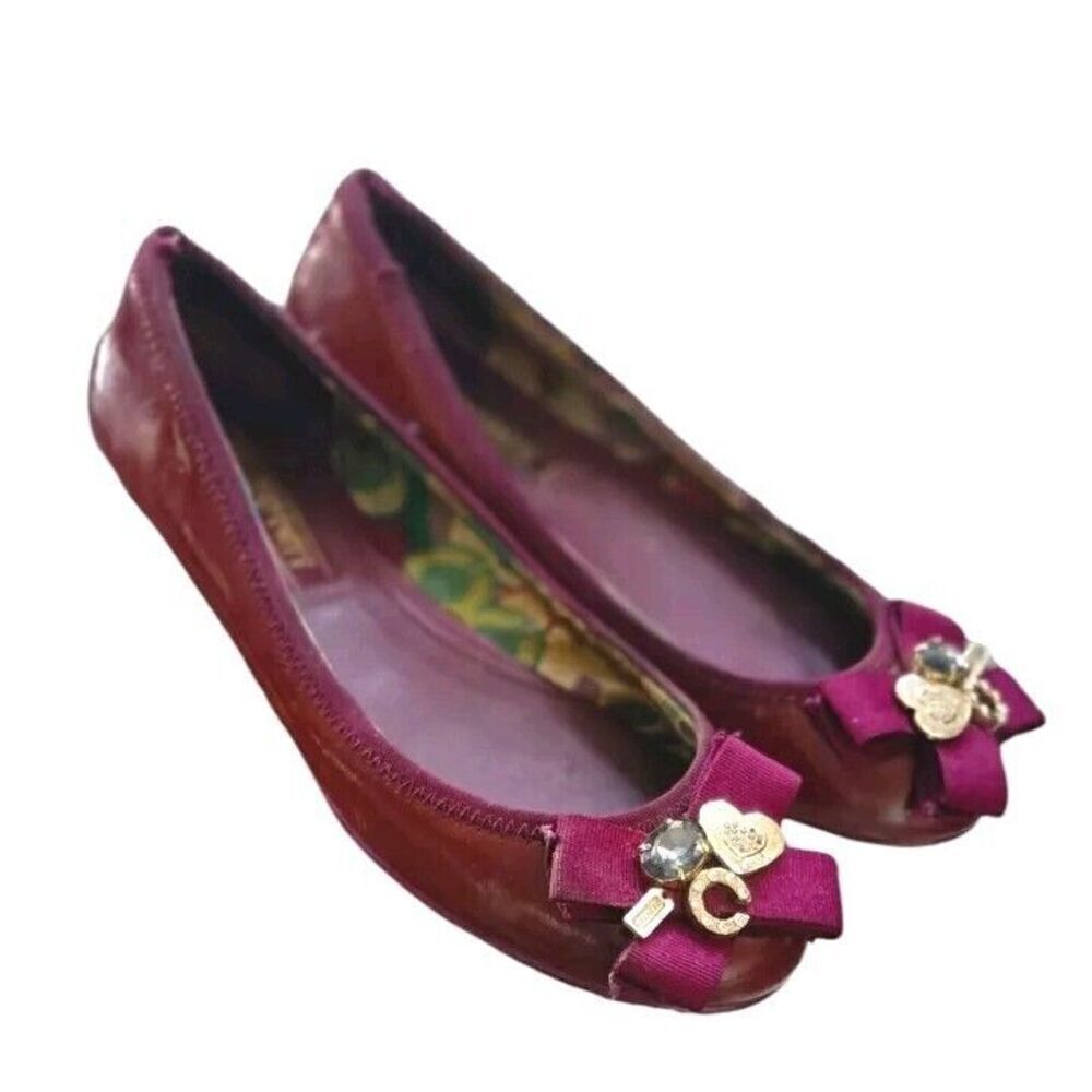 COACH Poppy Patent Leather Ballet Flats Purple Bow Metal Charms Size 8B
